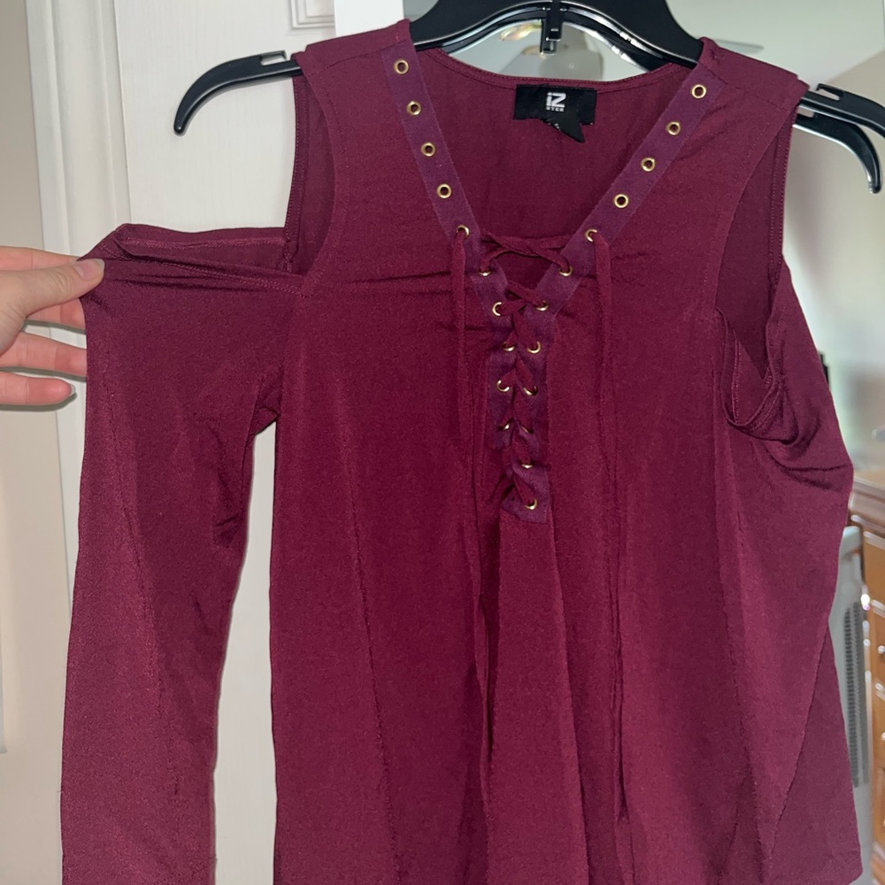Maroon IZ Byer Blouse with Shoulder Cut-Outs